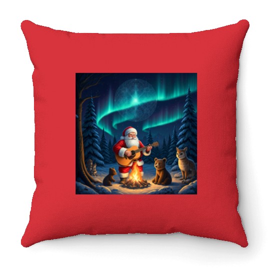 Santa Claus acoustic guitar bonfire aurora bureau Throw Pillows