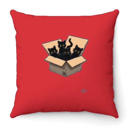 Cardboard Box Full of Black Cat Kittens Throw Pillows