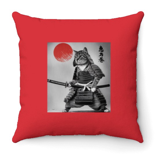 Kawaii Japanese Samurai Cat Vintage Japanese Cat Throw Pillows