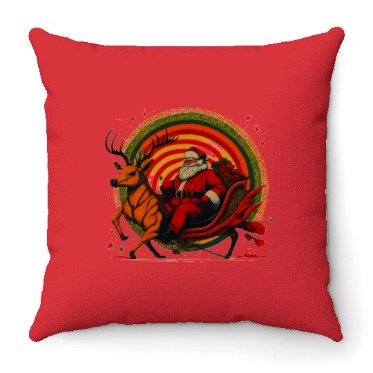 Vintage Santa Claus Riding Deer Throw Pillows