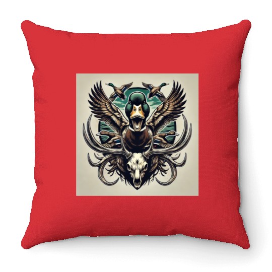 Mallard duck flying over deer skull in marsh Throw Pillows