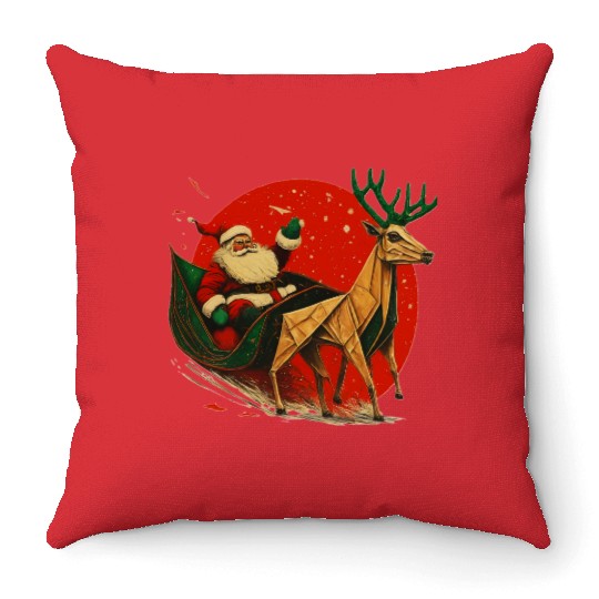 Christmas Santa Claus and Reindeer Origami Sleigh Throw Pillows