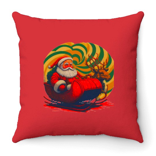 Santa Claus in Sleigh with Reindeer Christmas Throw Pillows