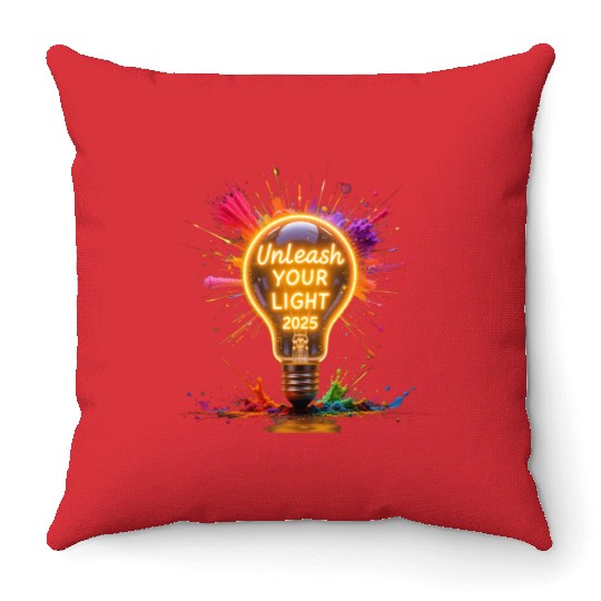 A large starburst glowing in neon light with 2025 Throw Pillows