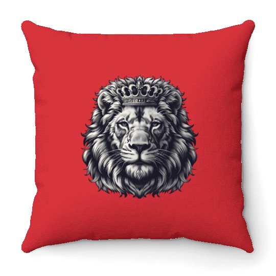 Royal Lion Face with Crown Black and Grey Throw Pillows