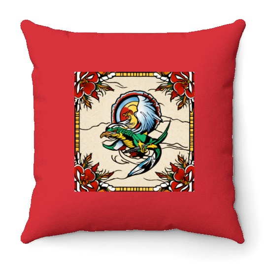 Dragonbird in Stained-Glass Garden" Throw Pillows