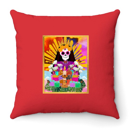 Rainbow Butterfly Santa Muerte Throw Pillows