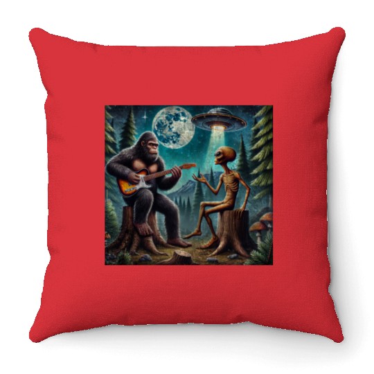 Alien Bigfoot Guitar Sasquatch Present For Kids Throw Pillows