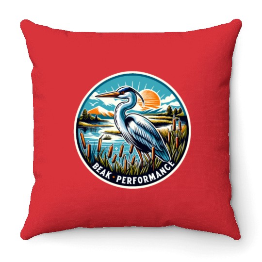 Great Blue Heron Beak Performance Retro Throw Pillows
