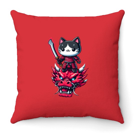 Samurai Cat with Sword on Dragon in Epic 3D Effect Throw Pillows