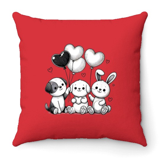 Heartfelt Trio - Bunny & Puppies with Balloons Throw Pillows