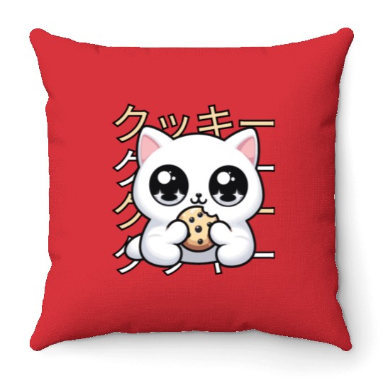 Cute Cat Japanese Kawaii Anime Cat with Cookie Throw Pillows