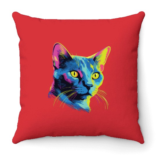 Cat Watercolor Colorful Russian Blue Throw Pillows