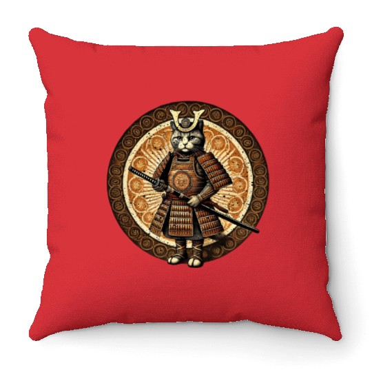 Japanese Samurai Cat Tattoo Kawaii Cat Art Anime Throw Pillows