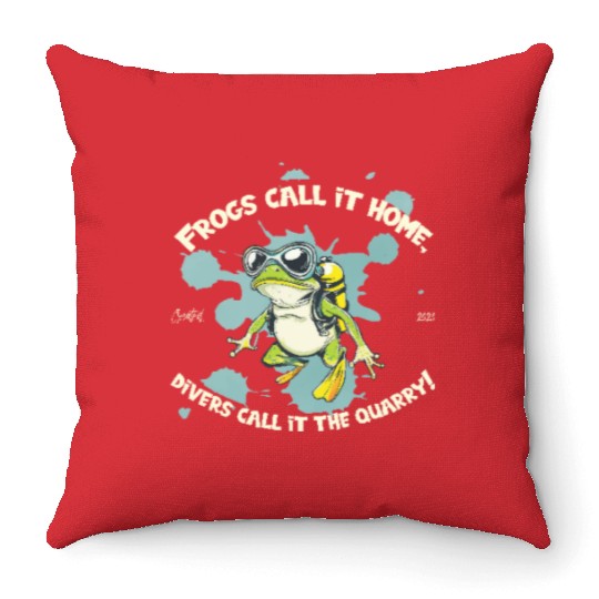 Diver Frog With Saying Home Meets Quarry Pond Throw Pillows
