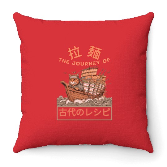 Samurai Cat with ramen Throw Pillows