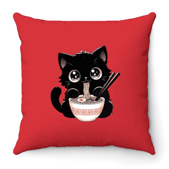 Cute Kawaii Cat eating Ramen Asian Food Gift Throw Pillows