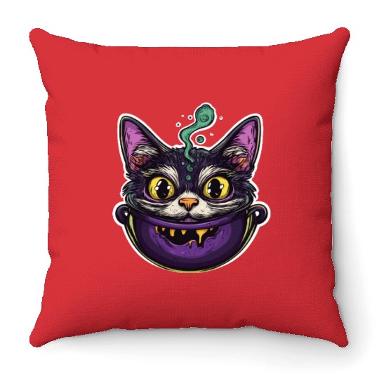 Cat Boiler Cat Witch Halloween Throw Pillows
