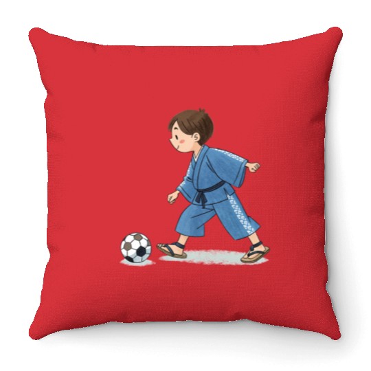 Boy in kimono playing soccer Throw Pillows