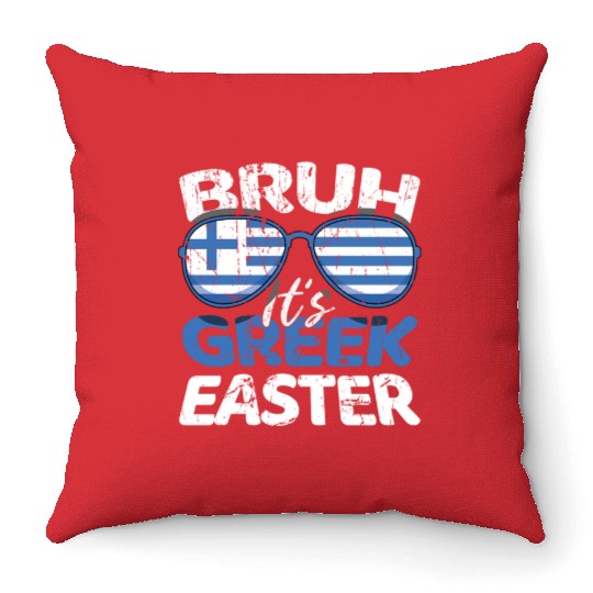 Bruh It's Greek Easter Greece Flag Funny Easter Throw Pillows