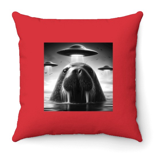 Walrus Sea lion Funny Graphic Selfie with UFOs Wei Throw Pillows