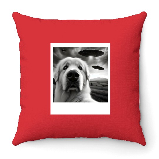 Great Pyrenees Funny Graphic Selfie with UFOs Weir Throw Pillows