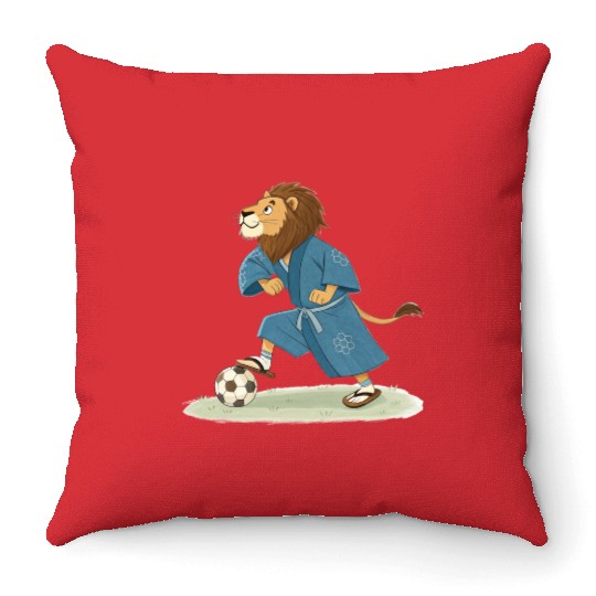 Lion playing soccer in karate kimono Throw Pillows