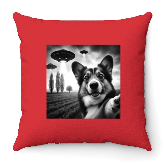 Welsh Corgi Funny Graphic Selfie with UFOs Weird A Throw Pillows