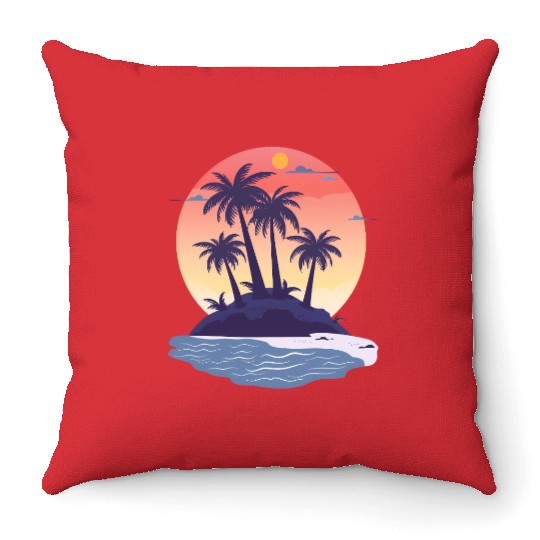 Tropical Island with Palm Trees nature Throw Pillows