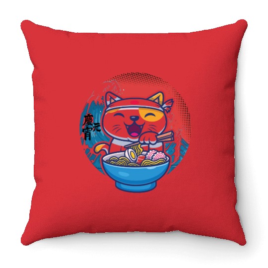 Japanese cat ramen Throw Pillows