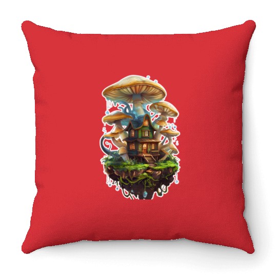 Fungi house Throw Pillows