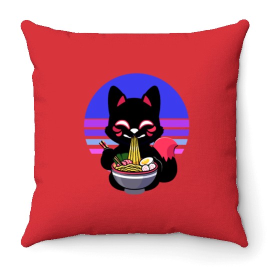 Cat Eating Ramen Noodles Kawaii Anime Japanese Throw Pillows