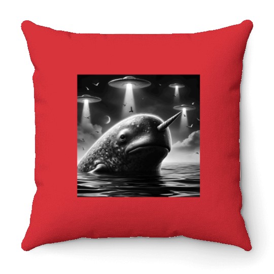 Narwhal Funny Graphic Selfie with UFOs Weird Alien Throw Pillows