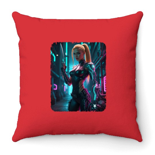 Cyberpunk women Warrior Throw Pillows