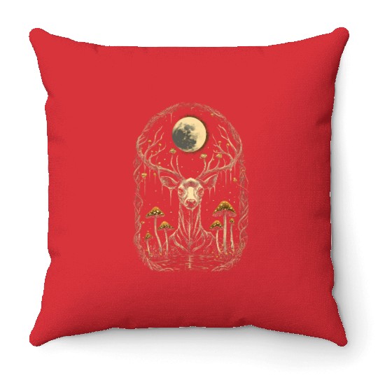 Mystical Deer Overgrown By Fly Agaric Mushrooms Throw Pillows