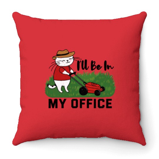 funny cat Lawn mowing Throw Pillows