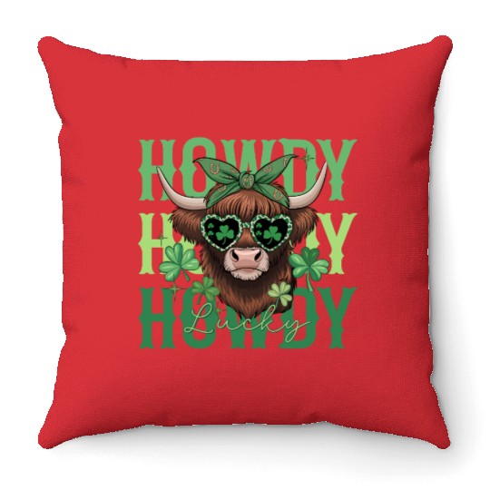 Howdy Howdy Lucky Highland Cow St Patricks Day Throw Pillows