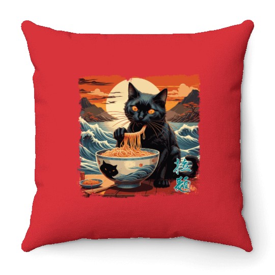 Cat Ramen Throw Pillows