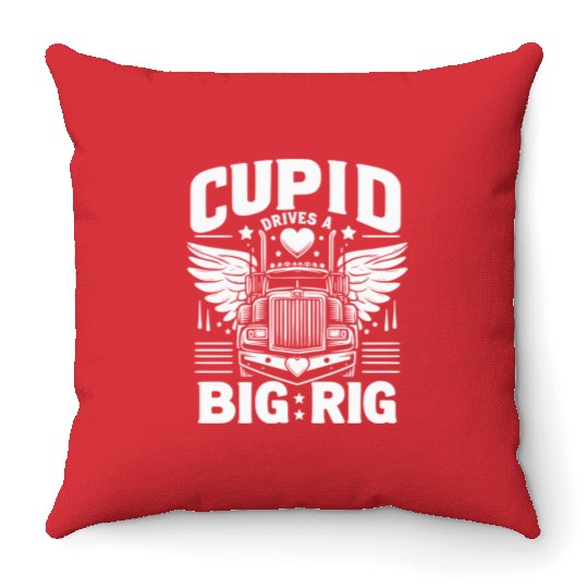 Cupid Drives a Big Rig Throw Pillows