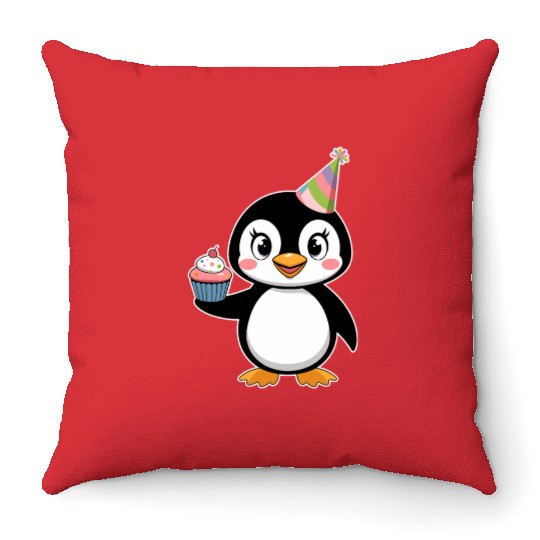 Birthday Joyful Penguin With Cupcake Throw Pillows