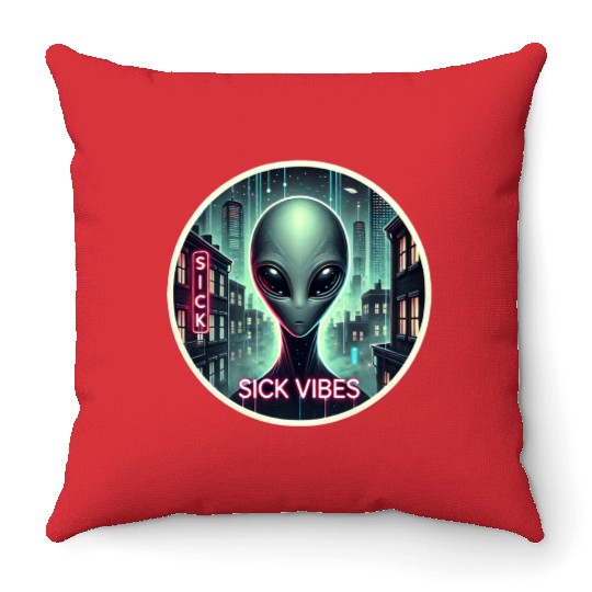 Cyberpunk Alien Encounter - Futuristic Neon Sci-Fi Throw Pillows