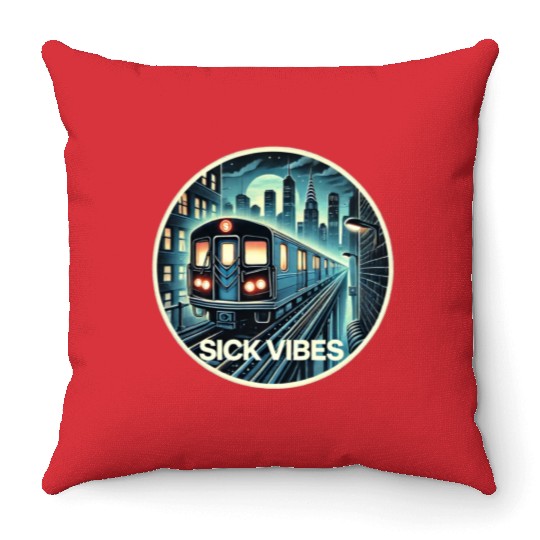 Retro Futuristic Subway Train - Neon Cyberpunk Cit Throw Pillows