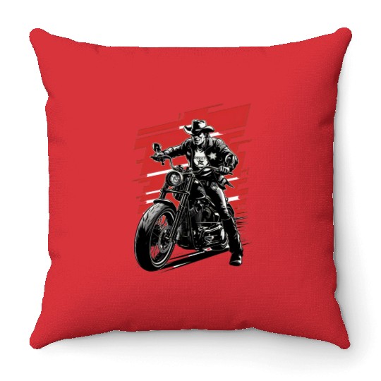 Sheriff Riding Motorcycle Illustration Throw Pillows