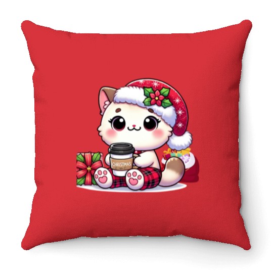 A Cute Kawaii Cat Drinking Coffee Throw Pillows