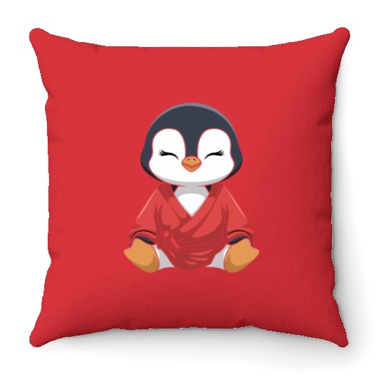 Zen Penguin Meditation in Kimono Attire Throw Pillows
