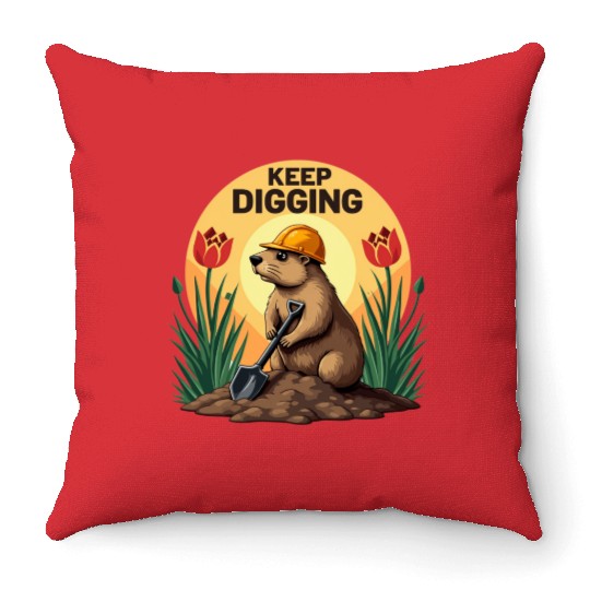 Industrious Groundhog Gardener Throw Pillows
