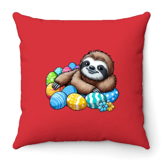 Cute Sloth Easter Egg Cartoon Chilling Throw Pillows