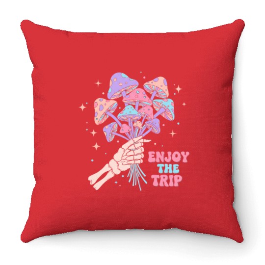 Psychedelic Mushrooms with Skeleton Hand Throw Pillows