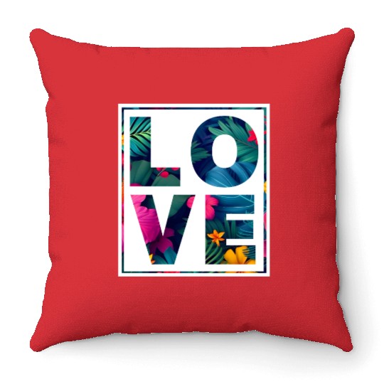 LOVE Tropical Floral Typography- Bold Aesthetic Ar Throw Pillows