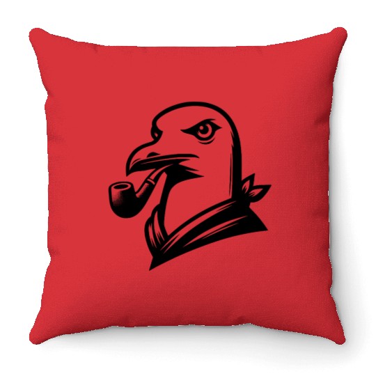 Seagull With Pipe In Cartoon Style Throw Pillows